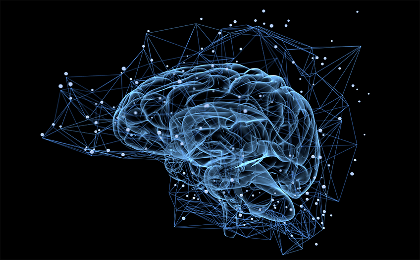 Glowing blue brain surrounded by a digital network on a black background.