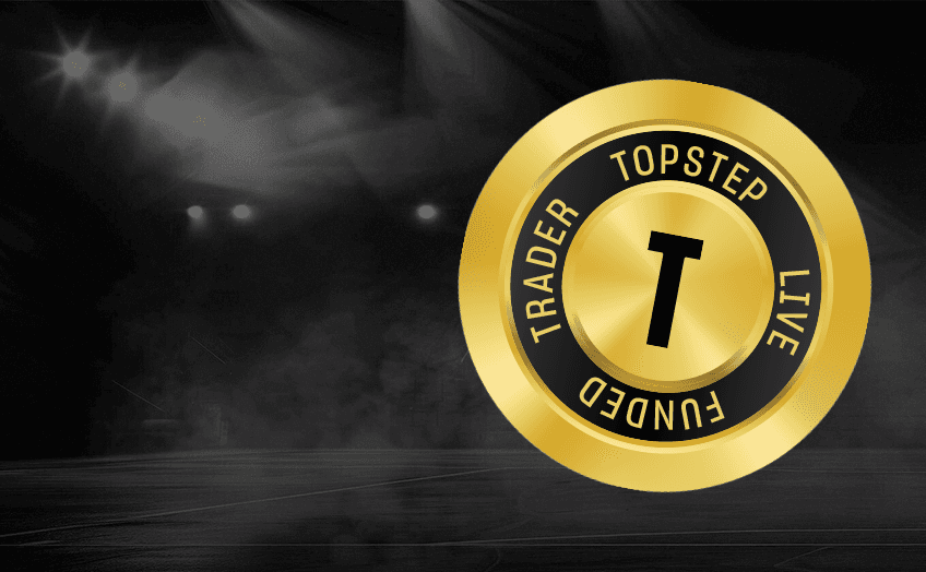 Gold Topstep Trader Funded Live badge on a dark stage background.