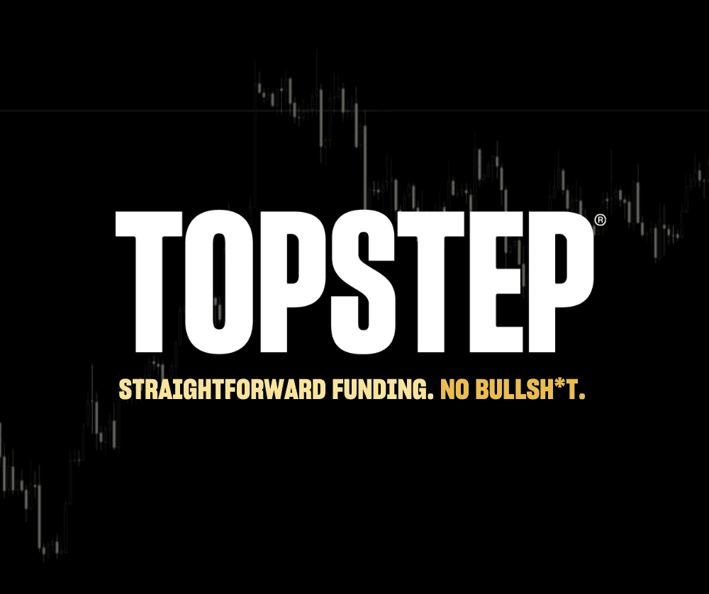 Topstep logo over a dark trading chart with a bold funding tagline.